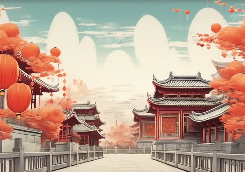 国潮风古建筑祥云大红灯笼背景插画图,插画/手绘图,插画/手绘图库,插画/手绘图下载,插画/手绘